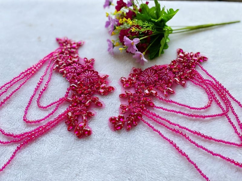 wtbvn 1 Pair Beaded Rhinestones Applique Embellishment for Clothes Epaulettes Shoulder Patches Sew-on Diamond Sequin Tassels Applique for Wedding Dress DIY Accessories 9.8X10.2inches (Rose red) - Image 3